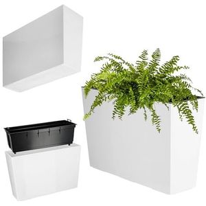 KADAX Bloembak van kunststof, 18,5 x 55,7 cm, 5 kleuren, bloempot met irrigatiebanden, balkonbak met inzetstuk, plantenbak voor buiten, bloembak (wit, rechthoekig, glanzend)