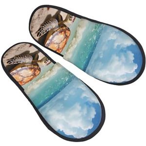 BONDIJ Zeeschildpad zeester print pantoffels zachte pluche huispantoffels warme instappers gezellige indoor outdoor slippers voor vrouwen, Zwart, one size