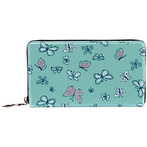 Vrouwen Zip Rond Portemonnee en Telefoon Clutch, Vlinders in Rood Roze Aqua, Reistas Lederen Clutch Bag Kaarthouder Organizer Polsbandjes Portefeuilles, Meerkleurig, 8.07x1x4.53 in