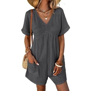 BANGHA Jumpsuits Voor Vrouwen Zomer Casual Mode Katoen Linnen Shorts Rompertjes Vrouwen Effen V-hals Pocket Korte Mouw Jumpsuits Zomer Casual Een Stuk Bib Overalls, Donkergrijs, XXL