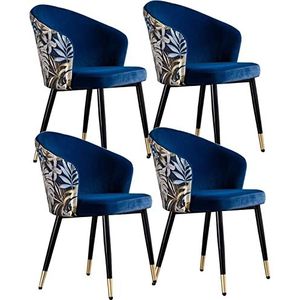 FZDZ Moderne keuken fluwelen eetkamerstoelen set van 4 woonkamer fauteuils met zwarte stalen poten fluwelen zitting en borduurwerk rugleuningen make-up stoel eetkamerstoelen (kleur: koningsblauw)