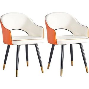 GEIRONV Keuken eetkamerstoel set van 2, PU lederen zijstoel Scandinavische moderne woonkamer eetkamer accent armstoelen waterbestendig met metalen poten thuisstoel (kleur: oranje+wit, maat: 85 x 45 x