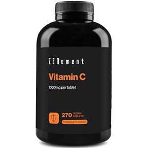 Vitamine C 1000 mg, 270 Vegan Tabletten (Voorraad voor 9 Maanden) – Antioxidant, Vermindert Vermoeidheid en Uitputting – Slechts 1 Tablet per Dag met Pure Vitamine C – Zenement