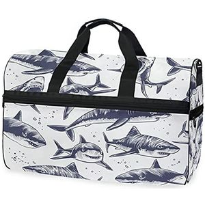Shark Naadloze Wit Handgetekende Sport Zwemmen Gym Tas met Schoenen Compartiment Weekender Duffel Reistassen Handtas voor Vrouwen Meisjes Mannen
