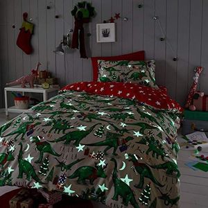 Happy Linen Company Meisjes Jongens Kids Kerst Dinosaurus Glow In De Donkere Taupe Natuurlijke Dubbele Omkeerbare Dekbedovertrek Beddengoed Set