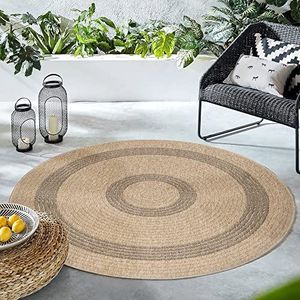 HomebyHome Binnen en buiten tapijt, weerbestendig, rond, 160 cm, zwart, sisal en jute look, balkontapijt, waterdicht, tapijt voor keuken, wasbaar, ontwerp met rand, camping, tuin, terras, buitentapijt