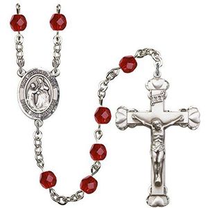 Zilveren Plaat Rozenkrans heeft 6mm Ruby Fire gepolijste kralen. De Crucifix meet 1 5/8 x 1. Het middenstuk is voorzien van een San Juan de Dios medaille.