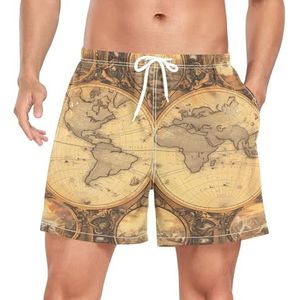 Wzzzsun Antieke Oude Wereldkaart Bruine Heren Zwembroek Board Shorts Sneldrogende Trunk met Zakken, Leuke mode, S