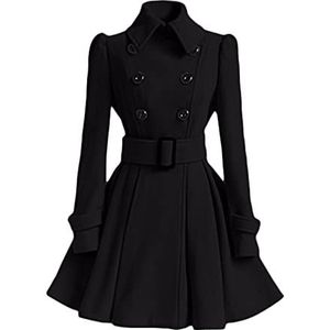 KeYIlowys Winterjas met twee rijen verdikking voor dames, middellange wollen jas en wollen jas voor dames, zwart, XL