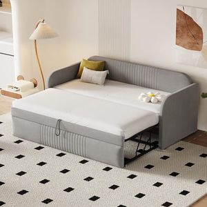 BXEYXE Gestoffeerd bed, uittrekbare slaapbank, 90/180 x 190 cm, met verticale strepen, met lattenbodem, multifunctioneel bed, comfortabele en ademende linnen stof, lichtgrijs (matras niet inbegrepen)