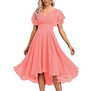 Chiffon bruidsmeisjesjurken voor dames, korte avondjurken, cocktailjurken, grote maten, Koraal, 32