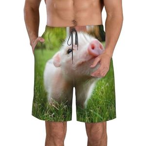 JIAWUJYNB Naughty Pig Print Strandshorts voor heren, lichtgewicht, sneldrogend trekkoord zwembroek met zakken, Wit, XL