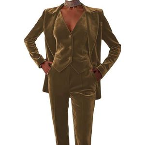 Fluwelen Pak Vrouwen Broek Suits Dressy Tuexdo Suits 3 Stuk Set Business Blazers Voor Werk Professionele, Bruin, XS