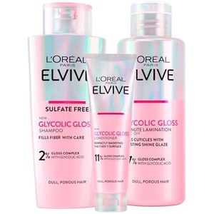L'Oréal Paris Elvive Glycolic Gloss Conditioner 15 ml + Shampoo 200ml + Lamineerbehandeling 5 Minuten 200ml Set voor Dof en Poreus Haar Intense en Langdurige Glans - 3 Flessen