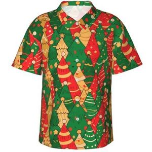 Hawaiihemd voor heren, korte mouwen, button-down-shirt, zomer, strandshirt met zak, S-3XL, Kerstbomen Groen Rood Goud, S