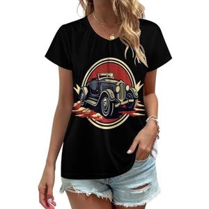 Retro sportwagen dames V-hals T-shirts Leuke grafische korte mouw casual T-shirt tops XL