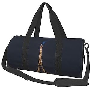 Eiffeltoren in Parijs 's nachts bedrukte ronde plunjezak lichtgewicht reistas reistas voor mannen vrouwen, zwart, één maat, Zwart, Eén maat