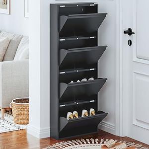 VEEHAUS Schoenenrek, smalle metalen schoenenkast, hoog, met magnetische afdekking, van metaal, gemonteerd, wandmontage, 4 kleppen, zwart