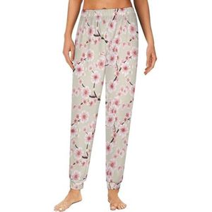 Roze Sakura Blossom Damespyjama, loungebroek, elastische tailleband, nachtkleding, broekjes, print