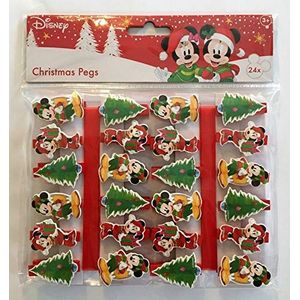 Disney PMS Kerst Xmas Kaarthouder Pinnen, Mickey & Minnie Mouse - Pack van 24 Pinnen + Rood Lint