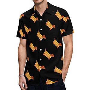 Teckel in hotdog broodje met mosterd Hawaïaanse shirts voor heren, korte mouwen, casual overhemd met knopen, vakantie, strandshirts, 2XS