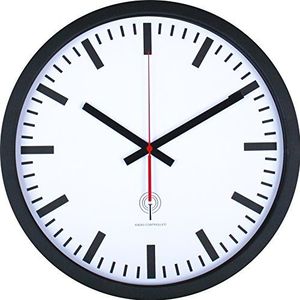 Eurotime Draadloze Wandklok, 40 cm, Roestvrijstaal Behuis, Zwart, Echt Glas, Stationwijzerplaat, Automatische Tijdverandering, Woonkamer/Kantoor, Rood, Binnengebruik