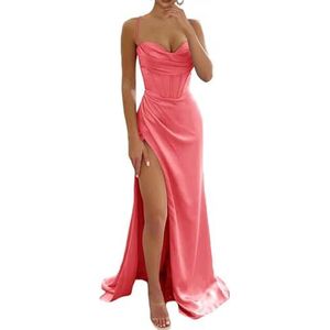 YIANN Satijnen galajurken voor dames met split, ronde hals, zeemeermin, spaghettiband, formele avondjurk, Koraal, 32