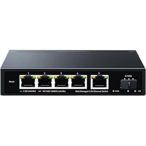2,5 GbE Managed Switch 5-Port 2500M Netwerk 10G SFP+ Slot Uplink Web Management Hub Aggregatie Hub Statische Verbindingen Internet Splitter (Kleur: EU Plug)