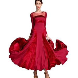 Fluwelen Ballroom Dansjurken Voor Dames Lange Mouwen Flamenco Salsa Standaard Party Dance Costumes Mesh Stitching Waltz Tango Oefen Jurken,Rood,M