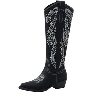 CuteFlats Dames winter vintage cowboy westernlaarzen / slip-on kniekousen met puntige kant en blokhakken, zwart, 38 EU
