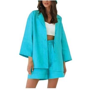 Leader of the Beauty Dames zomer trainingspak tweedelige outfit top en shorts broek sets casual losse gym sportkleding sets, Cyaan, S