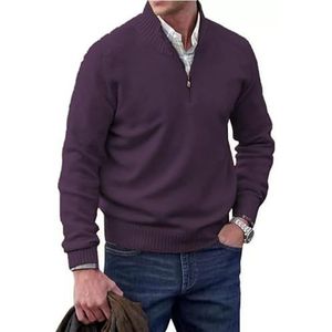 Heren kasjmier rits basic trui, gebreide trui casual lange mouwen trui solide gebreide trui, Diep Paars, XL