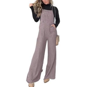 CupitiDU Denim overalls met wijde pijpen voor dames, zomer, casual, losse pasvorm, verstelbare riem, comfortabele jeans-overalls met zakken (Paars, 3X-Large)