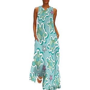 Schildpadden en zeester op blauwe dames enkellengte jurk slanke pasvorm mouwloze maxi-jurken casual zonnejurk S