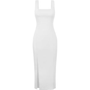 Sexy Bodycon-jurk met Hoge Split voor Dames, Effen Sling-avondjurk met Vierkante Hals(Color:White,Size:L)