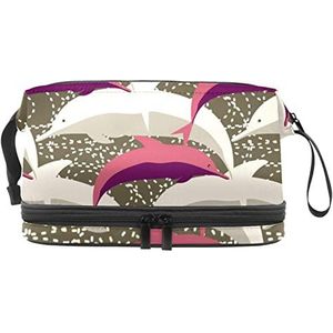 Dubbellaags Cosmetische Tas Dolfijnen Draagbare Make-up Tas Reizen Organizer Pouch Voor Vrouwen Meisjes Toiletries Tassen, Meerkleurig, 27x15x14 cm/10.6x5.9x5.5 in, Make-up zakje