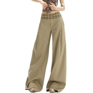 Dames Splicing Pak Broek Wijde Pijpen Casual Losse Sexy Lage Taille Rechte Zakelijke Palazzo Broek met Zakken,Khaki,L