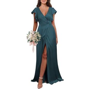 KURFACE Satijnen bruidsmeisjesjurken met V-hals, V-hals, V-hals, met mouwen, A-lijn, V-hals, formele avondjurk, Turkoois, 36