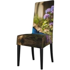 FRESQA Blauwe vlinder en bloemen print elastische eetkamerstoel cover met verwijderbare bescherming, geschikt voor de meeste armleuningen stoelen