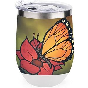 Monarch vlinder en bloem geïsoleerde beker met deksel leuke roestvrijstalen koffiemok duurzame theekop reismok witte stijl