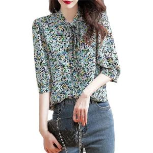 Dvbfufv Vrouwen Koreaanse Elegante Bloemen Knop Shirt Vrouwelijke Zomer Casual Mode Vintage Half Mouw Chiffon Blouse, En8, XXL