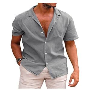 Heren Linnen Overhemd Korte Mouw Zomer Casual Katoenen Knopen Los Overhemd Strand Bruiloft Wit Overhemd(Gray,XL)