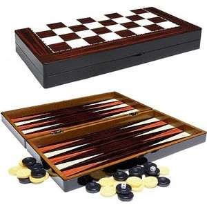 PrimoLiving Deluxe Backgammon Set Porto houten - 25,5 x 26,4 cm - inclusief schaakbord - huiskamerspel - praktisch reisspel met koffer - bordspel