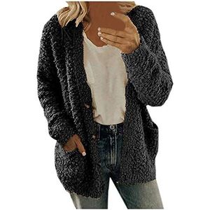 HaicoM Kitted vest voor vrouwen met knopen herfst winter jersey vest dames zakken V-hals lange mouwen bovenkleding dames casual losse warme plus size pluche trui vest jas, Zwart, XL