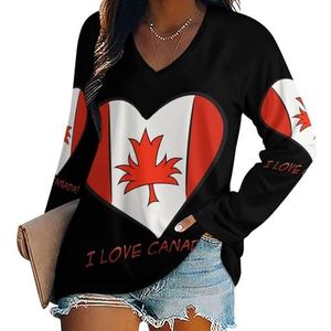 I Love Canada Day Damesshirt met V-hals en lange mouwen, casual blouse met losse pasvorm