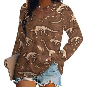 Dino Skeletons Fossils Damesshirt met V-hals en lange mouwen, casual losse pasvorm blouses