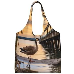 YNCATXZ Wild Goose by the Bridge canvas draagtas voor vrouwen esthetische boodschappentassen schoudertas herbruikbare boodschappentassen, Zwart, Eén maat