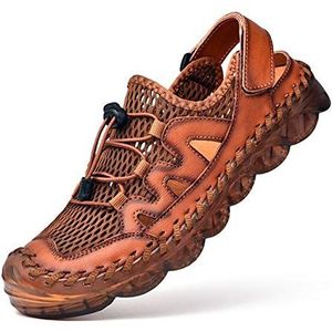 CCAFRET Herensandalen Heren Sandalen New ademend Leather Mesh Patchwork Male Sandals Soft Sole Outdoor Beach Shoes Antislip Water Walking Shoes (Color : Brown, Size : 46)