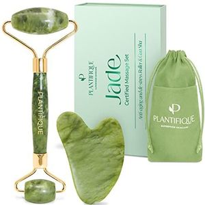 Plantifique Jade Roller & Gua Sha Steen - Natuurlijke Groene Jade Roller Massage Roller - Jade Stone Gezicht Roller