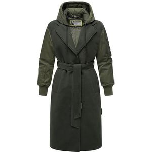 MARIKOO Warme lange overgangsjas voor dames in trendy materiaalmix met afneembare capuchon en bindingsriem Tjadee 16 XS-3XL, dark olive, M